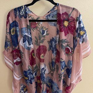 Woven Heart Lightweight White Pink Gold Floral Kimono Open Front, OS